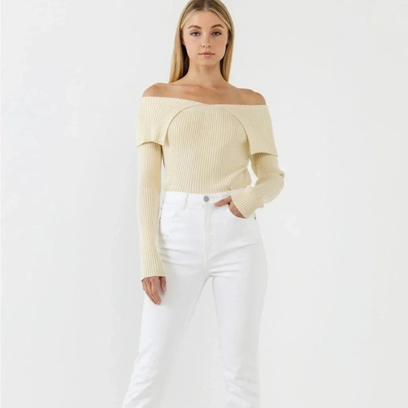 NWOT ENDLESS ROSE Ribbed Sweater Off The Shoulder Cream, Size L - Picture 2 of 14